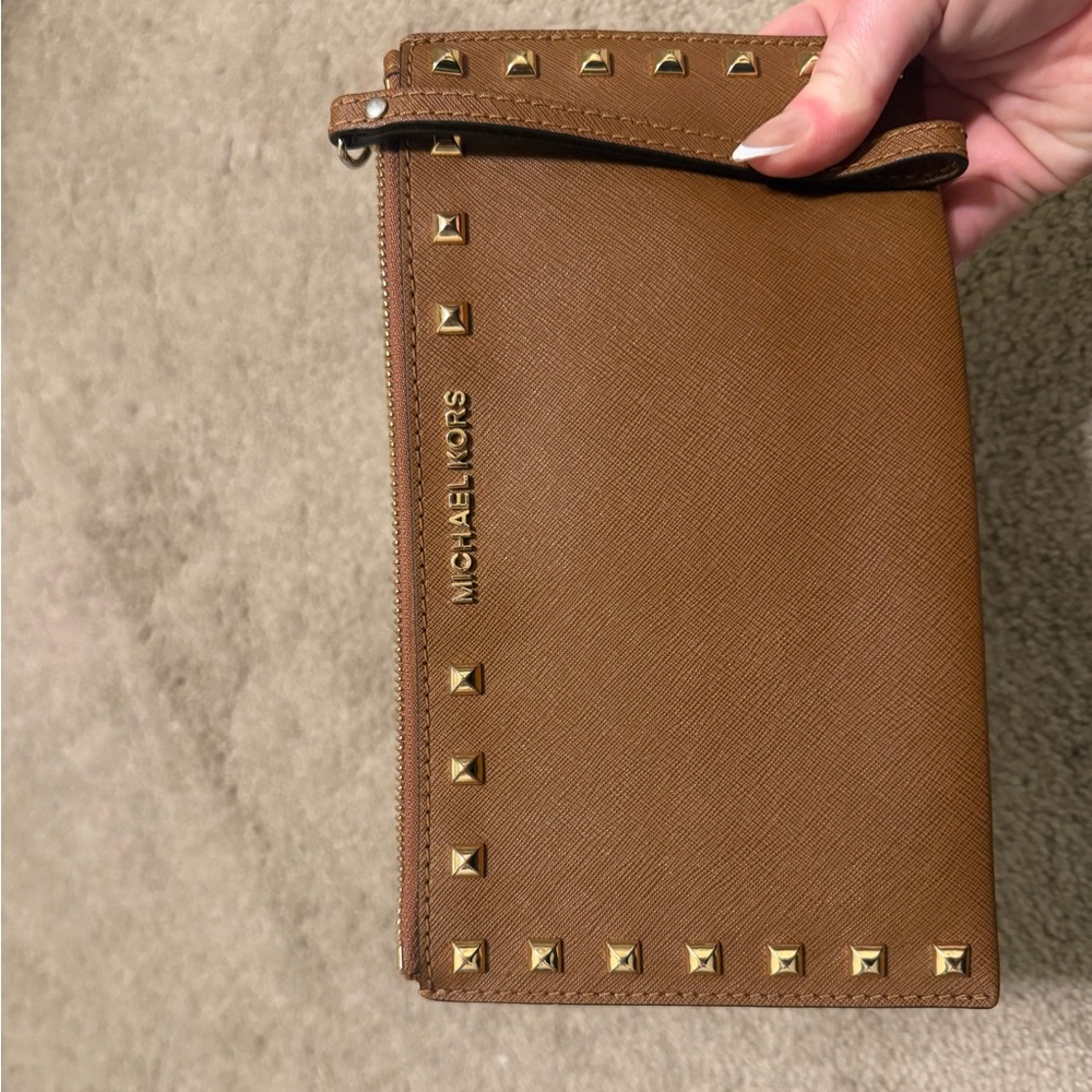 Michael Kors Brown Leather Studded Zip Wristlet